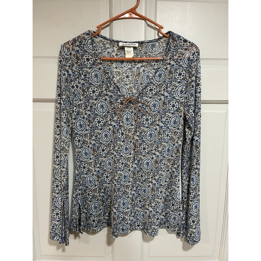Vintage Y2K Self Esteem Top Women XL Floral Flared Sleeve Semi Sheer V Neck